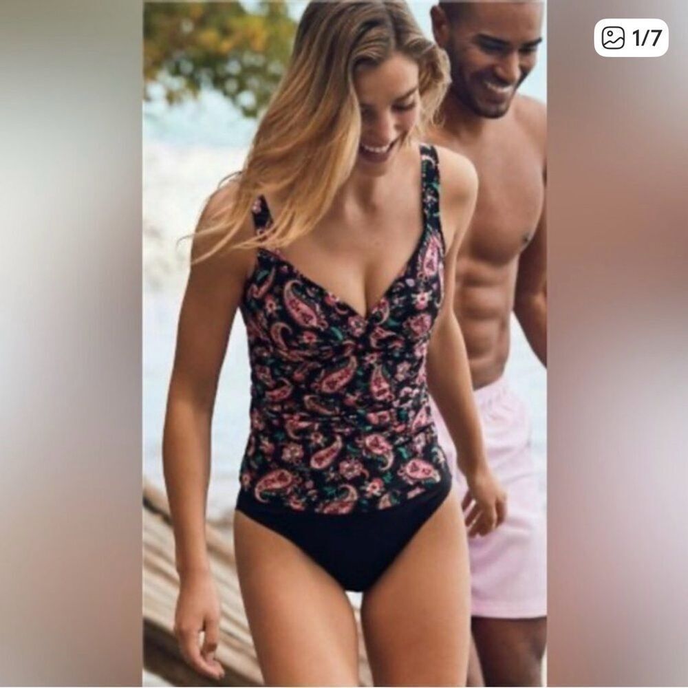 Land’s End Plus V neck wrap black multi paisley Tankini underwire Various Sizes